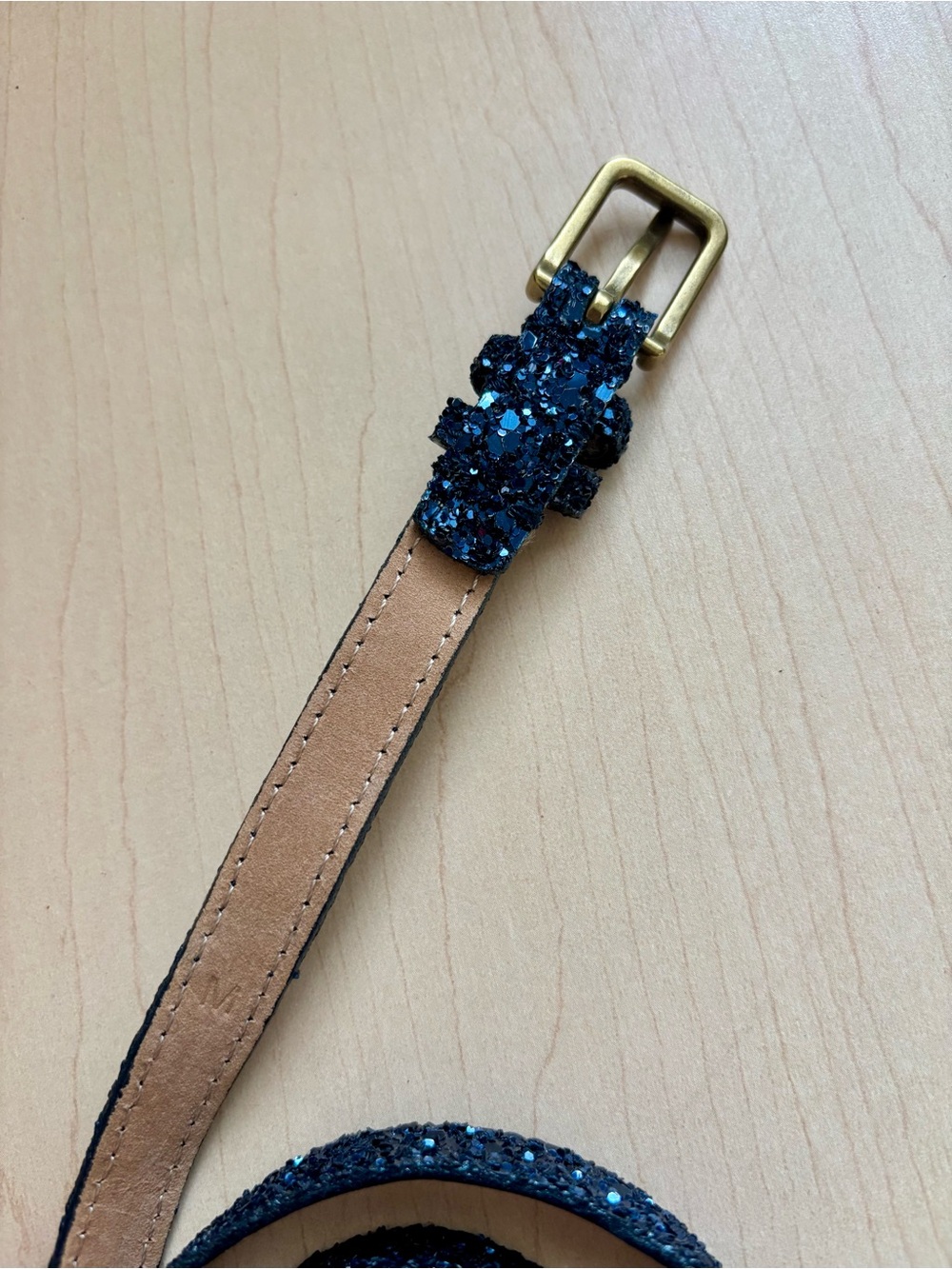 J. Crew | Navy Blue Glitter Genuine Leather Belt, full length 38in w 1/2in, sz M - Picture 3 of 6